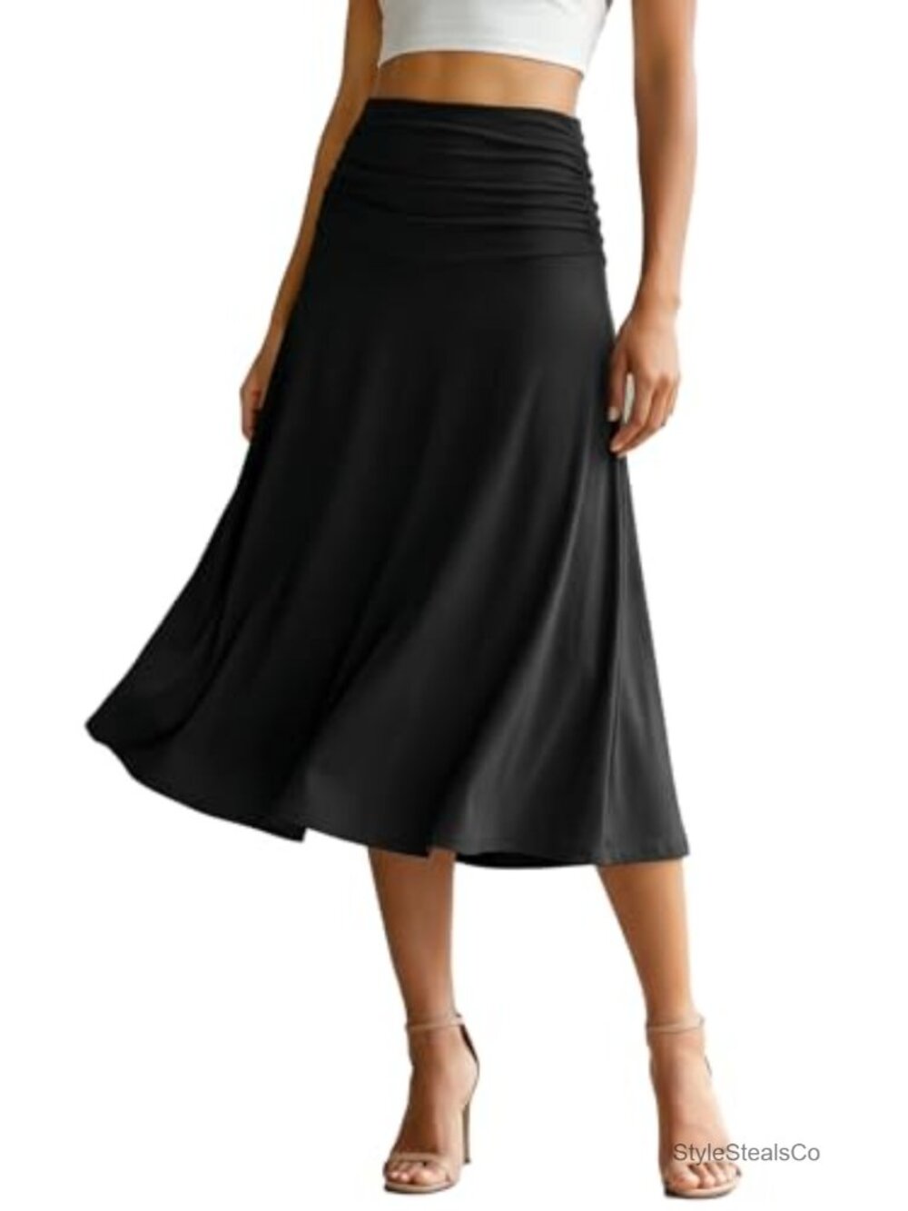 Lyocell Blend Ruched High Waist A Line Midi Skirt